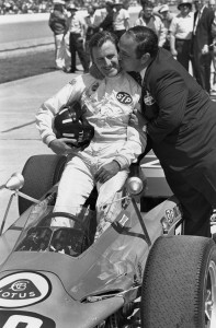 Andy Granatelli hugs Graham Hill today at the Indianapolis Motor Speedway