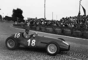 Juan Manuel Fangio on Maserati in action during the Grand Prix of Reims July 5, 1953