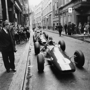 Top British drivers sit in their Formula 1 racing cars in a side street Guildhall, City of London, today, November 14, before taking part in the Lord Mayor’s Show.